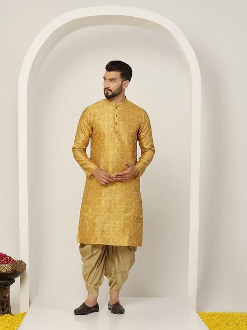 kisah mustard & beige regular fit self design kurta & dhoti set