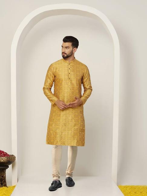 kisah mustard & beige regular fit self design kurta & churidar set