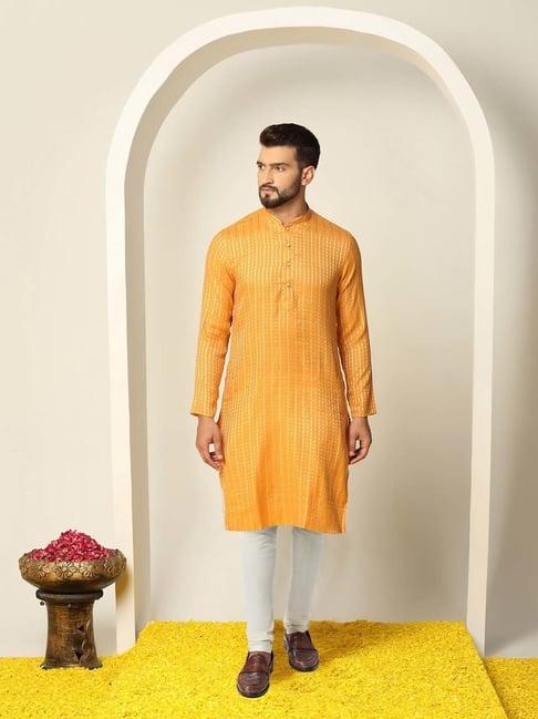 kisah yellow & cream regular fit self design kurta & churidar set