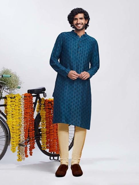 kisah teal & beige regular fit embellished kurta & churidar set