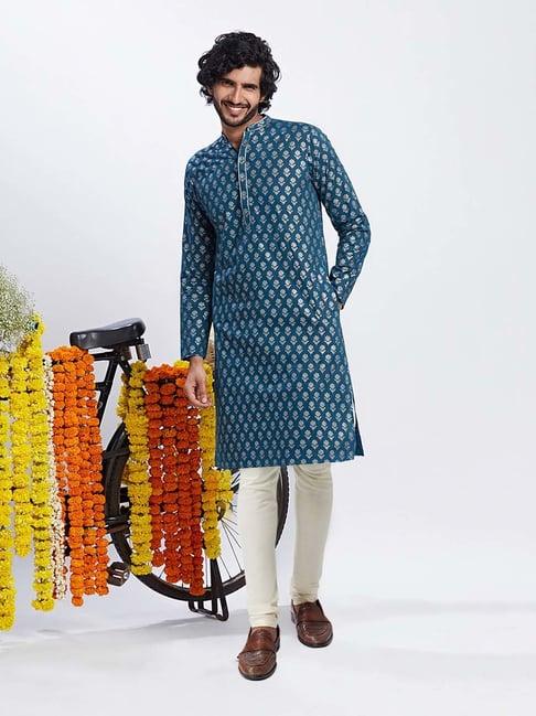 kisah blue & cream regular fit floral print kurta & churidar set