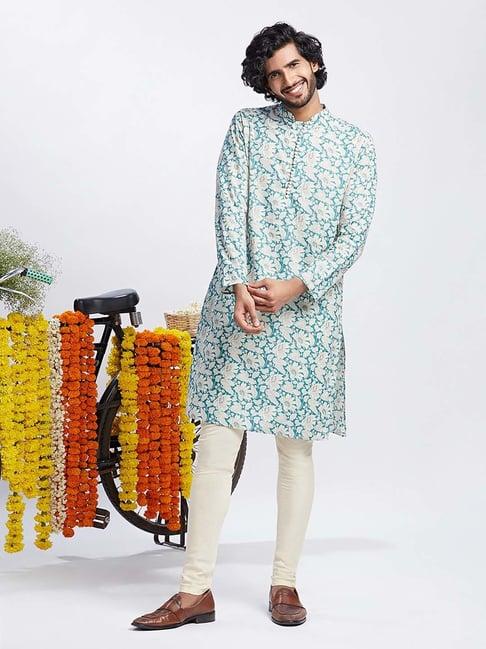 kisah blue & cream regular fit floral print kurta & churidar set