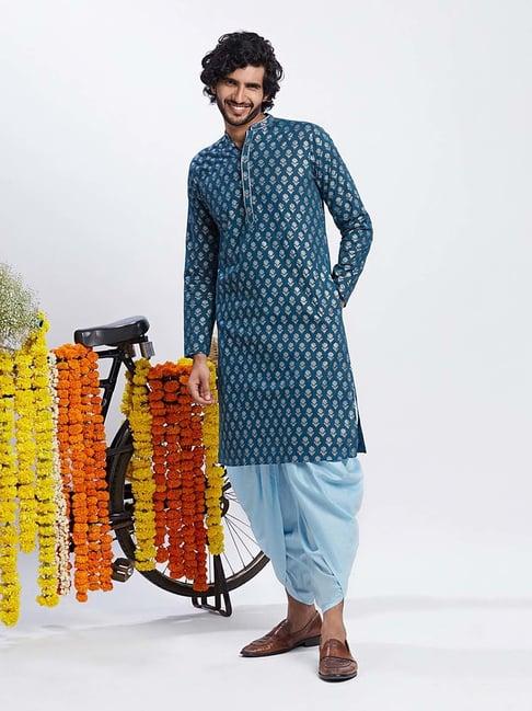 kisah teal & blue regular fit floral print kurta & dhoti set