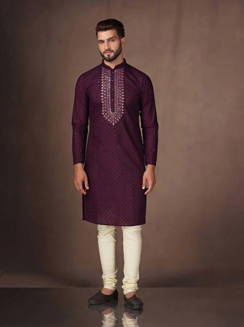 kisah purple & cream regular fit embroidered kurta & churidar set