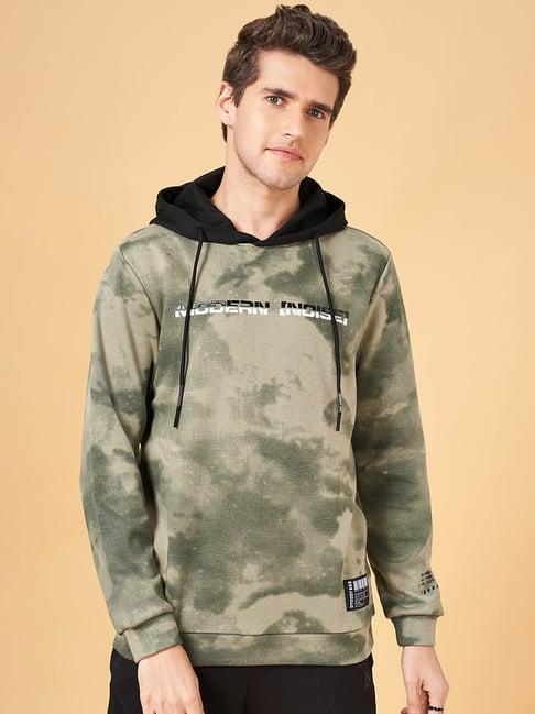 street 808 by pantaloons olive regular fit camouflage hooded sweatshirt