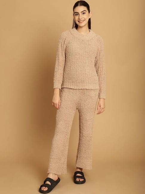 tag 7 beige self design woolen pullover with lounge pants