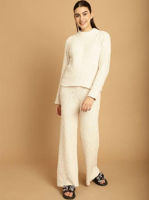 tag 7 white self design woolen pullover with lounge pants