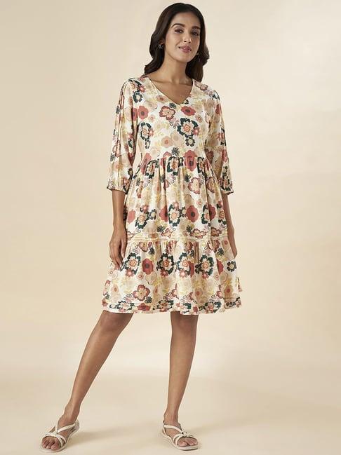 akkriti by pantaloons white cotton floral print a-line dress