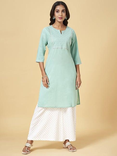 rangmanch by pantaloons mint green cotton embroidered straight kurta