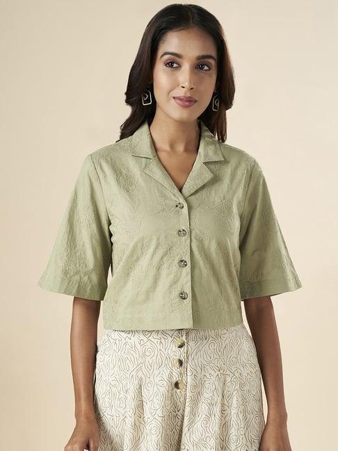 akkriti by pantaloons green cotton embroidered crop top