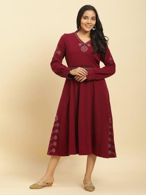 w maroon embroidered a-line dress with belt