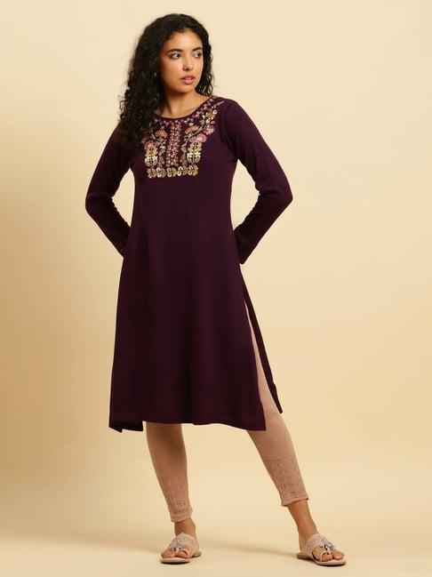 w purple embroidered straight kurta