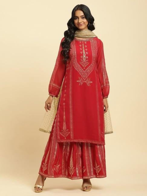 wishful by w red printed kurta sharara set with dupatta