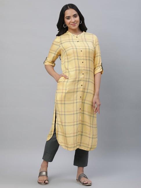 aurelia yellow & grey chequered kurta pant set