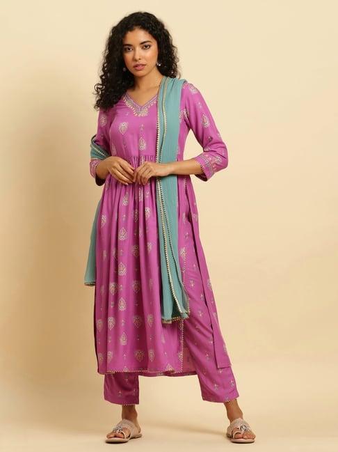 w women purple festive printed rayon kurta with straight pant & dupatta