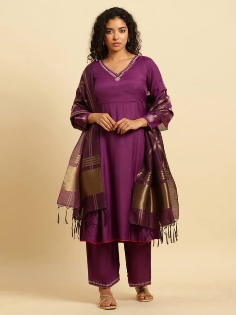 w purple embroidered kurta palazzo set with dupatta