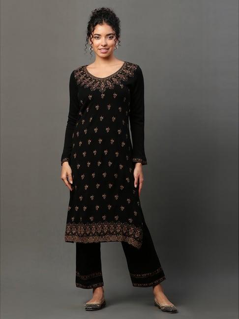 aurelia black printed winter kurta palazzo set