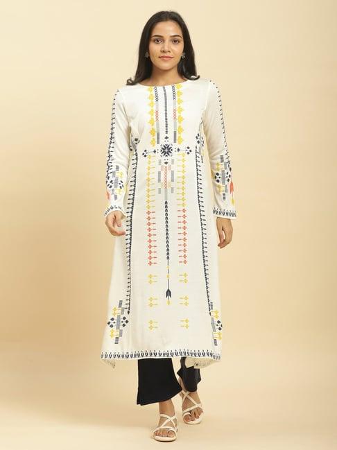 w white & black printed kurta tight set