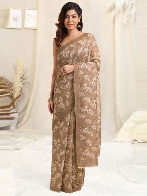 mirchi fashion beige cotton floral print saree with unstitched blouse