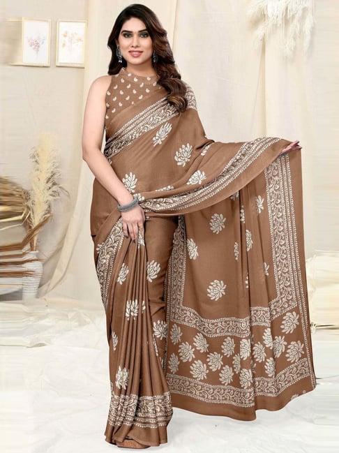 mirchi fashion brown floral print saree with unstitched blouse