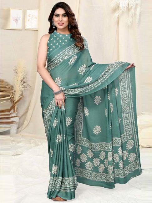 mirchi fashion teal green floral print saree with unstitched blouse