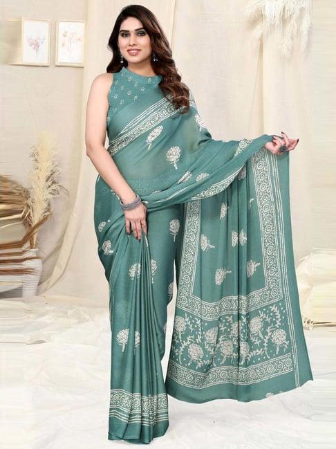 mirchi fashion teal green floral print saree with unstitched blouse