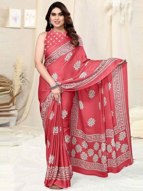 mirchi fashion red floral print saree with unstitched blouse