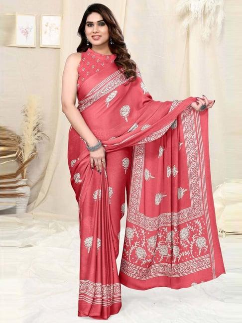 mirchi fashion red floral print saree with unstitched blouse