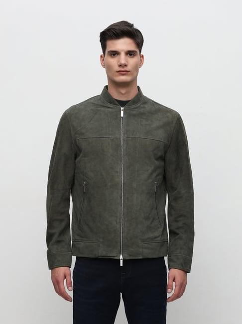 selected homme sage green regular fit leather jacket