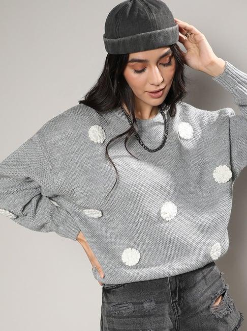 campus sutra grey embroidered sweater