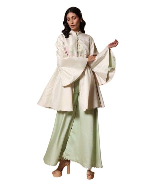 rohit bal pastel embroidered tafta flaired jacket with chanderi trouser