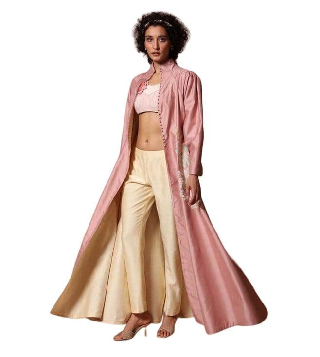 rohit bal hand embroidered high neck chanderi long jacket with brocade pants