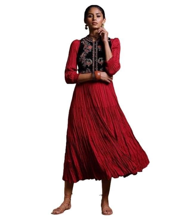 ritu kumar burgundy crinkled dress with embroidered jacket