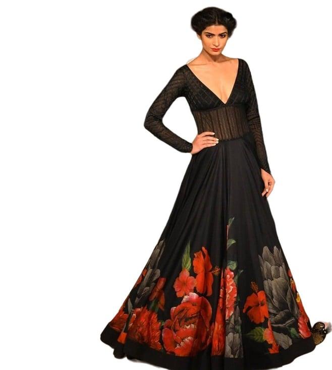 rohit bal black floral printed anarkali