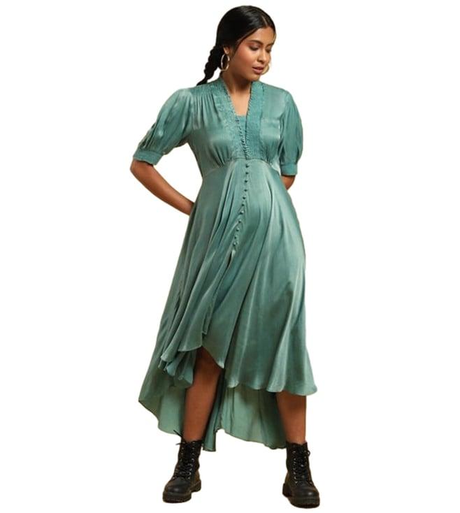 ritu kumar teal v-neck half sleeves solid dress