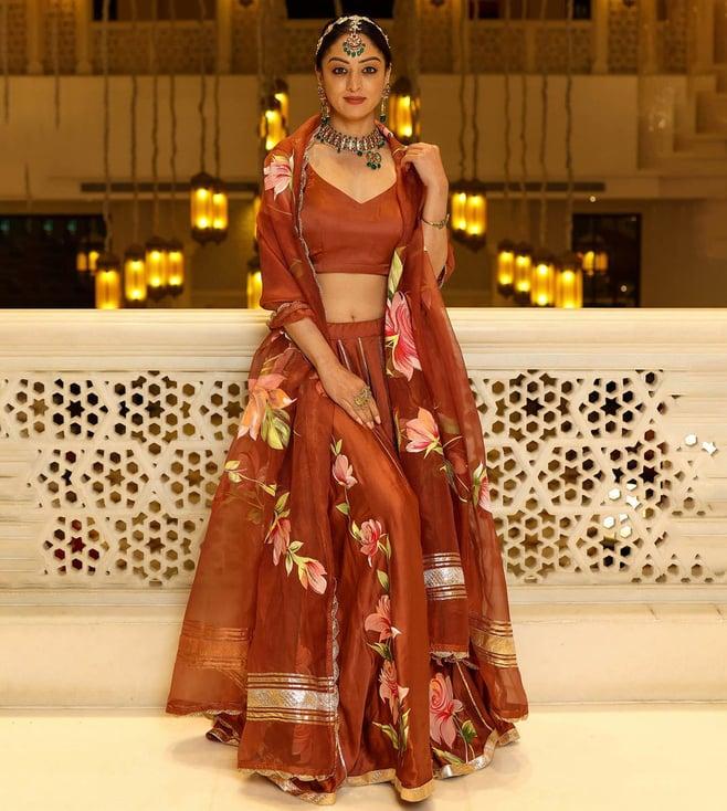 aachho brown glazed ginger hand painted lehenga set