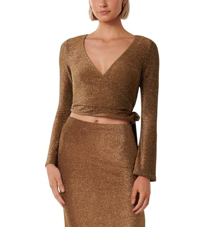 forever new x pooja hegde bronze & co-ord silvana glitter wrap slim fit top