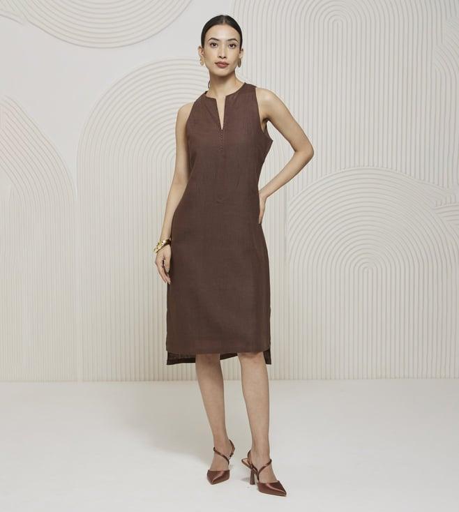 artagai chocolate kantha knee length dress with high low hem