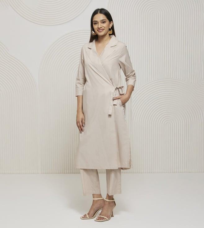 artagai beige co-ord set with notch collar kurta and straight pants