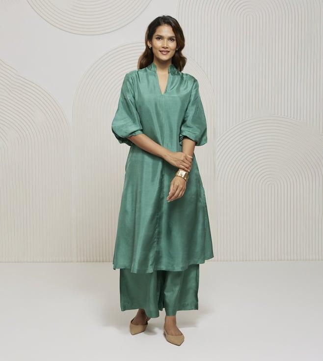 artagai teal green high neck kurta with voluminous bishop sleeve