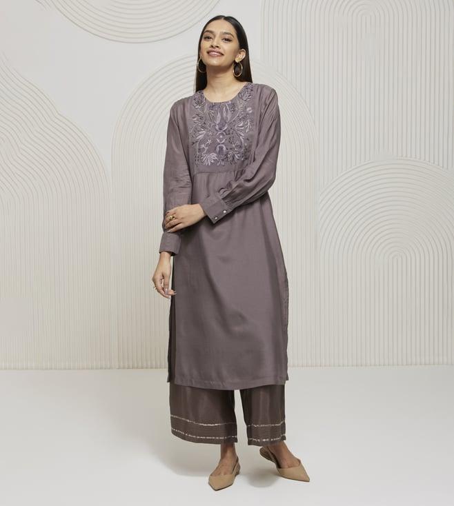 artagai granite grey kurta with embroidered yoke