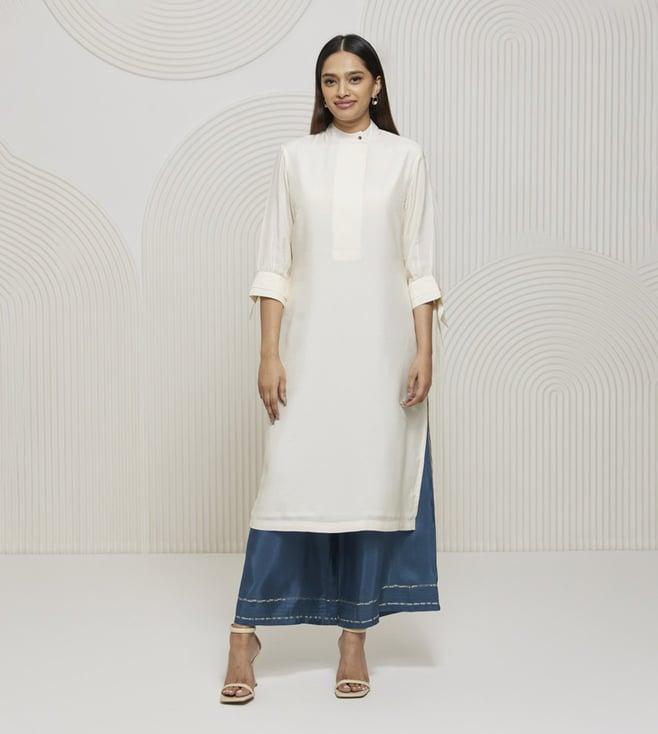 artagai snow white kurta with broad placket and tie up sleeves