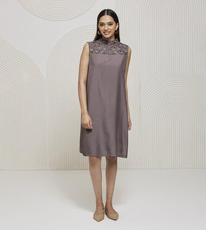 artagai granite grey pleated dress with kashida embroidered yoke