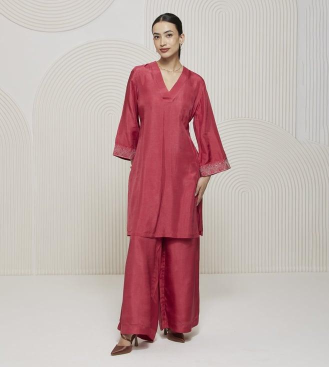 artagai tea berry romancing aari kurta with overlap v neckline and flare sleeves