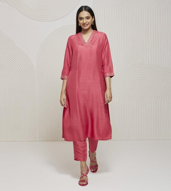 artagai tea berry pink elevated basics straight kurta with embroidered v-neck line