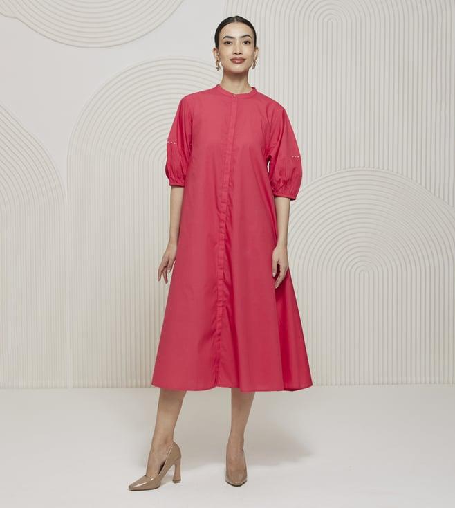 artagai viva magenta elevated basics flared calf length dress with balloon sleeves and kantha embroidery detailing