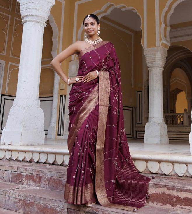 geroo jaipur maroon silk banarasi hand-embroidered saree