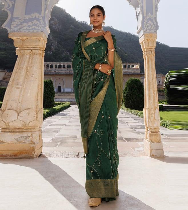 geroo jaipur green silk banarasi hand-embroidered saree