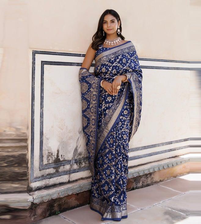 geroo jaipur blue silk banarasi bandhani saree