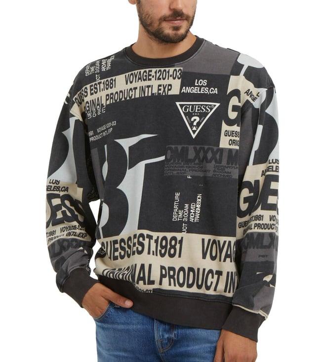 guess jet black & multi print 1981 collage regular fit sweatshirt